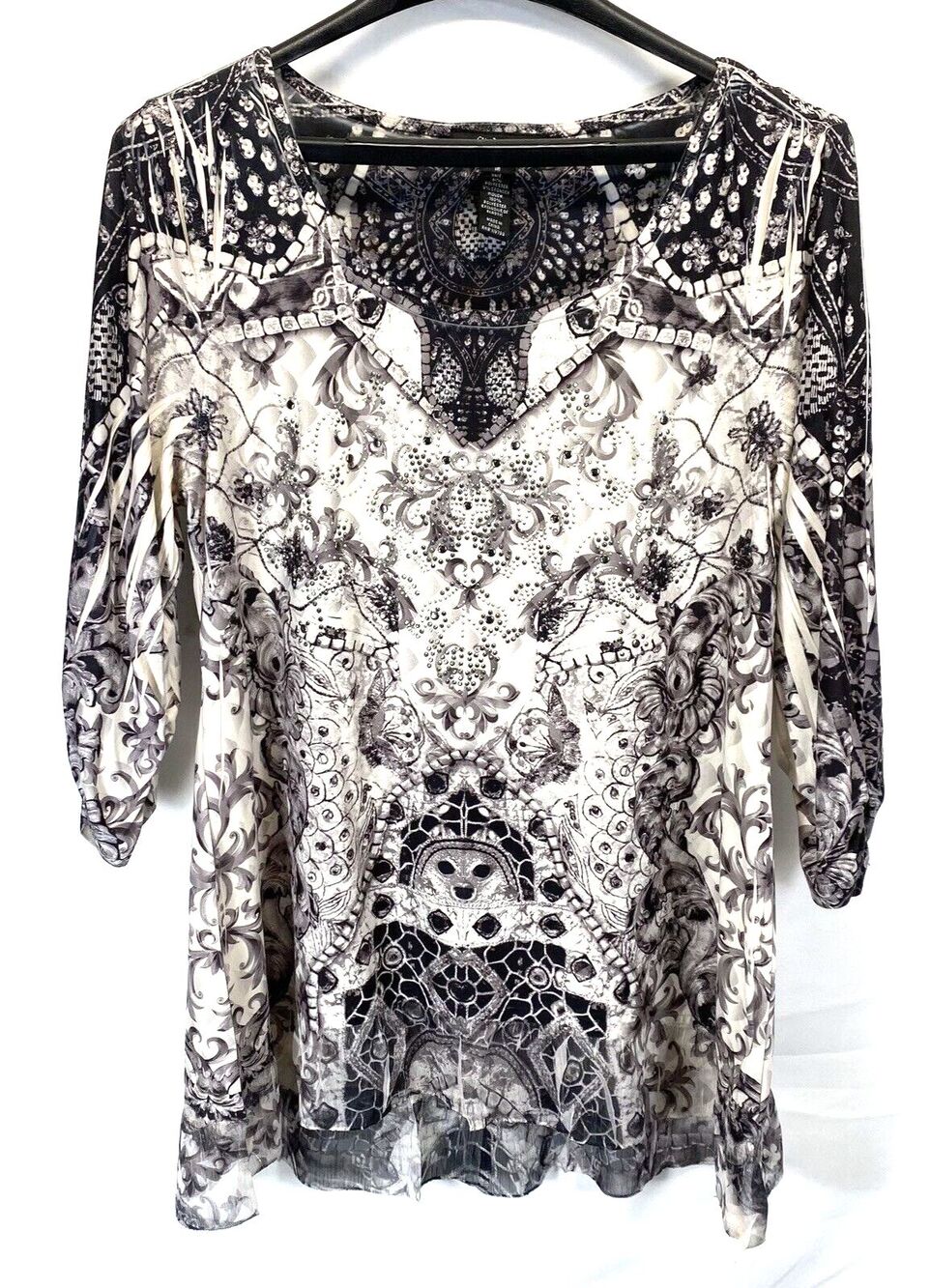 Style & Co Womens Medium 3/4 Sleeve Floral Gathered Sleeve Sequin Blouse Career
